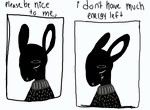 :x ambiguous_gender anthro black_body black_fur bodily_fluids clothed clothing crying dialogue ears_back fur long_ears pivoted_ears sad simple_background solo sweater tears text tired topwear white_background unknown_artist lagomorph leporid mammal rabbit comic digital_media_(artwork) english_text greyscale low_res monochrome