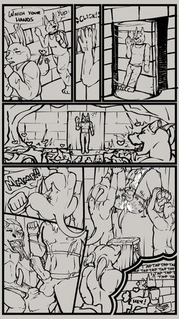 anal anthro bdsm bodily_fluids bondage bound cum cum_drip cum_inside dripping dungeon ejaculation fantasizing feet foot_fetish foot_lick foot_play gangbang genital_fluids genitals group group_sex licking male male/male oral penile penis penis_lick rimming sex tally_marks tongue trapped dungeonhound kobold scalie absurd_res comic hi_res