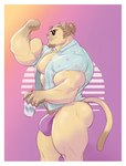 2016 abs anthro beverage bicep_curl biceps bulge butt clothed clothing digital_media_(artwork) eyewear felid hair hair_bun lion male mammal mezcal_(artist) muscular muscular_anthro muscular_male muscular_thighs open_clothing open_shirt open_topwear pantherine pecs shaded shirt simple_background smile solo speedo standing sunglasses swimwear tan_body thick_thighs topwear