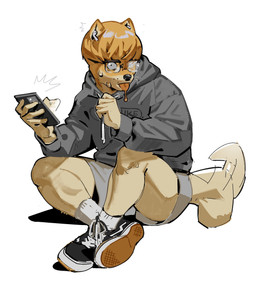 anthro blep blonde_hair bodily_fluids bottomwear bowl_cut cellphone clothing constricted_pupils crossed_legs crosslegged_pose electronics emanata eyewear footwear fur glasses hair holding_cellphone holding_object holding_phone holding_smartphone hoodie looking_at_viewer male motion_outline on_ground phone pointy_ears pupils saliva saliva_string shoes short_hair shorts simple_background sitting small_pupils smartphone snout socks solo sweat sweatdrop tail tail_motion tailwag text text_on_clothing tongue tongue_out topwear wearing_glasses whisker_spots yellow_body yellow_fur yellow_skin ddcrushh canid canine mammal absurd_res digital_drawing_(artwork) digital_media_(artwork) hi_res