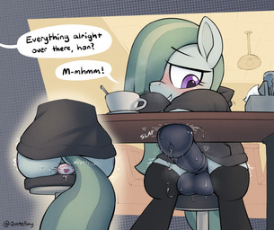 anal anal_penetration animal_genitalia animal_penis balls bite biting_lip blush blush_lines bodily_fluids bottomless butt buttplug buttplug_vibrator clothed clothing coffee_cup container cup dialogue equine_genitalia equine_penis erection exhibitionism feral furniture genital_fluids genitals gynomorph hair hoodie intersex leaking_precum legwear long_hair masturbation medial_ring musk musk_cloud object_in_ass onomatopoeia penetration penis plug_(sex_toy) precum public public_masturbation sex_toy sex_toy_in_ass sex_toy_insertion sitting solo sound_effects speech_bubble stealth_masturbation stool sweat sweaty_balls sweaty_genitalia tail text thigh_highs topwear under_table vibrator vibrator_in_ass quotepony friendship_is_magic hasbro my_little_pony marble_pie_(mlp) equid equine horse mammal pony absurd_res hi_res