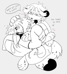 :3 blush chin_piercing claws comforting duo eyelashes eyewear glasses hair hair_over_eye headpat heart_symbol kindness on_lap petting romantic romantic_couple speech_bubble tail tail_motion tailwag text hamsterscooter starburst_(catgenderzz) yarn_(snowwhisk) domestic_cat felid feline felis mammal pantherine snow_leopard 2025 english_text hi_res nonbinary_(lore)