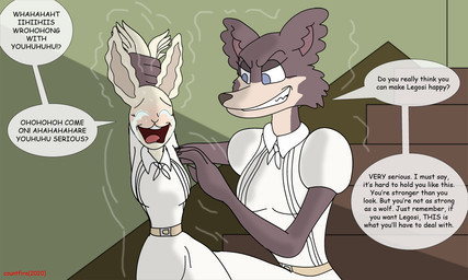 anthro arms_above_head asking asking_another asking_what belt biped black_nose blue_eyes blush bodily_fluids bottomwear breasts brown_body brown_fur cheek_tuft clothing collared_shirt crying_laughing dialogue dominant dominant_anthro dominant_female duo eyebrows eyelashes eyes_closed facial_tuft female fur holding_up_other_character laugh looking_at_another motion_lines narrowed_eyes open_mouth open_smile rabbit_ears raised_arms restrained restrained_arms shirt skirt smile speech_bubble stairs submissive submissive_anthro submissive_female sweat sweaty_face talking_to_another tears teeth text tickle_fetish tickle_torture tickling tickling_armpits tongue topwear tuft white_body white_bottomwear white_clothing white_fur white_shirt white_skirt white_speech_bubble white_topwear countfire beastars haru_(beastars) juno_(beastars) canid canine canis domestic_rabbit dwarf_rabbit lagomorph leporid mammal oryctolagus rabbit wolf 2020 5:3 english_text