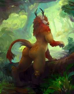 anthro antlers beak big_butt butt forest fur grass horn leaning leaning_forward log looking_back male muscular muscular_anthro muscular_male nude orange_body orange_fur plant raised_tail solo tail tree wood yellow_body yellow_eyes yellow_fur vu06 blizzard_entertainment warcraft avian felid hybrid lion mammal owlcat_(warcraft) pantherine 2018 shaded
