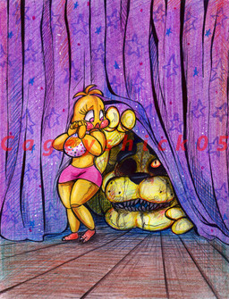 2_toes anthro beak bib blush bottomwear clothing curtains feet female floor larger_male machine male open_mouth pink_bottomwear pink_clothing pink_eyes pink_skirt purple_curtains size_difference skirt smaller_anthro smaller_female standing teeth text toes wood wood_floor yellow_body cageyshick05_(artist) five_nights_at_freddy's five_nights_at_freddy's_2 scottgames chic_chic_(cageyshick05) golden_freddy_(fnaf) toy_chica_(fnaf) animatronic avian bear bird chicken galliform mammal phasianid robot 2015 artist_name colored colored_pencil_(artwork) english_text traditional_media_(artwork)