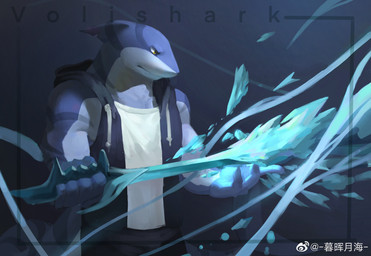 anthro black_bottomwear black_clothing black_pants black_topwear blue_body bottomwear clothed clothing front_view holding_object male mouth_closed muscular muscular_anthro muscular_male narrowed_eyes pants simple_background solo standing topwear unsigned white_body white_clothing white_topwear yellow_eyes awaldkize aquatic fish shark half-length_portrait hi_res portrait