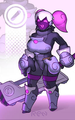 abstract_background armed armor big_breasts big_sword biped bodysuit breastplate breasts clothed clothed_female clothed_humanoid clothing female female_humanoid fully_clothed fully_clothed_female fully_clothed_humanoid gauntlets gloves greaves hair handwear headgear helmet holding_object holding_weapon logo not_furry pigtails pink_eyes pink_hair purple_accents purple_accessory purple_body purple_eyes purple_skin screen screen_face shortstack skinsuit solo standing stubby_legs text thick_thighs tight_clothing tongue tongue_out weapon ruttinren grey_havens spiral_knights humanoid spiral_knight_(species) 2024 artist_logo artist_name colored digital_drawing_(artwork) digital_media_(artwork) shaded