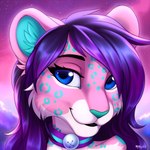 anthro bell bell_collar blue_eyes cloud collar countershade_face countershade_fur countershade_neck countershading eyelashes female fur hair leopard_spots long_hair outside pink_body pink_fur purple_collar purple_hair sky solo spots star starry_sky teal_inner_ear teal_nose teal_spots white_body white_countershading white_fur millkydad valerie_(afrozenkitten) felid mammal 1:1 2021 artist_name bust_portrait digital_media_(artwork) icon portrait shaded