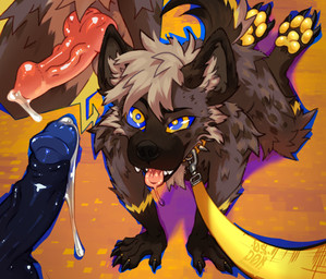 all_fours anthro bodily_fluids brown_body brown_fur collar disembodied_penis dripping drooling_tongue duo erection fur genital_fluids genitals hypnosis hypnotic_eyes knot knotted_penis leash male male/male mind_control open_mouth open_smile penis precum precum_drip ringed_eyes smile submissive submissive_male tongue tongue_out osdok hyena mammal spotted_hyena absurd_res hi_res