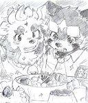 anthro blush duo eyebrows food male slightly_chubby thick_eyebrows young zimsanada2 asian_mythology east_asian_mythology japanese_mythology lifewonders mythology tokyo_afterschool_summoners agyo_(tas) zhurong_(tas) ailurid foo_dog komainu mammal red_panda yokai hi_res sketch