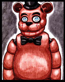 anthro black_border black_bow_tie black_eyebrows black_nose black_top_hat blood blood_on_face blue_eyes bodily_fluids border bow_tie brown_body eyebrows grey_background half-closed_eyes light looking_at_viewer machine male male_anthro mouth_closed narrowed_eyes simple_background solo whisker_spots tehcreechibi five_nights_at_freddy's scottgames freddy_(fnaf) animatronic bear mammal robot 2014 colored colored_pencil_(artwork) english_description hi_res lighting shaded traditional_media_(artwork)