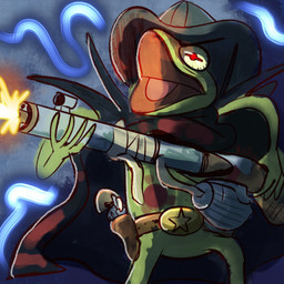 anthro automatic_rifle belt belt_buckle blood bodily_fluids bolt-action buckle cape clothing detailed_background green_body gun handgun hat headgear headwear holding_automatic_rifle holding_gun holding_object holding_ranged_weapon holding_rifle holding_weapon holster holstered_pistol holstered_revolver holstered_weapon male mosin-nagant muzzle_flash open_mouth ranged_weapon red_eyes revolver rifle shooting shooting_gun solo standing weapon wickflix hunt_showdown imperial_tula_arms_plant muppets kermit_the_frog amphibian frog 1:1 2023 hi_res