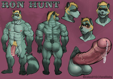 abs anthro balls barazoku biceps big_penis blonde_hair blush bodily_fluids brown_eyes butt deltoids erection eyes_closed flaccid foreskin front_view fur genital_fluids genitals glans green_body green_fur grin hair happy humanoid_genitalia humanoid_penis male male_anthro mouth_closed muscular muscular_anthro muscular_male narrowed_eyes nipples nude nude_anthro nude_male pecs penis pink_penis precum precum_on_own_penis pubes rear_view red_background short_hair simple_background smile solo standing text trapezius triceps vein veiny_penis worried chumbasket ron_hunt bear mammal procyonid raccoon 2014 artist_name hi_res model_sheet