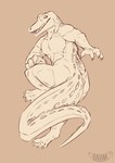 4_fingers anthro biped claws dorsal_ridge finger_claws fingers looking_aside male nude open_mouth pecs simple_background solo tail tail_ridge tan_background toe_claws babanasaur aetius_(character) alligator alligatorid crocodilian reptile scalie 2023 absurd_res hi_res monochrome signature