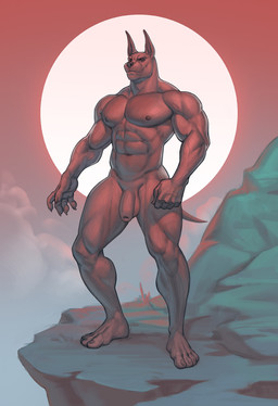 abs anthro brown_body clothing flaccid foreskin front_view genitals headgear headwear humanoid_genitalia humanoid_penis male male_anthro mouth_closed muscular muscular_anthro muscular_male nipples nude outside pecs penis red_eyes rock solo standing edvardiko canid canine canis domestic_dog mammal absurd_res hi_res