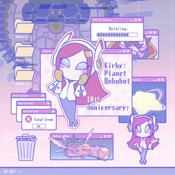 abstract_background ambiguous_gender anniversary biped blue_eyes blush blush_lines blush_stickers clothed clothing desktop error error_message facial_hair female floating_limbs folder group hair halberd heart_symbol long_hair looking_at_viewer machine male melee_weapon mouthless mustache not_furry obscured_eyes pink_hair planet planet_popstar polearm popup solo_focus star_polygon text trash_can trio weapon n_fieldend kirby:_planet_robobot kirby_(series) nintendo kirby max_profitt_haltmann star_dream susie_(kirby) humanoid robot robot_humanoid 1:1 2026 digital_drawing_(artwork) digital_media_(artwork) english_text hi_res japanese_description