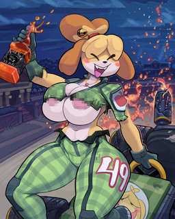 alcohol_bottle anthro areola areola_slip beverage beverage_bottle big_breasts biped blush blush_stickers bottle breasts camel_toe censored_nipples clothed clothing cloud container female hair open_mouth outside race_car race_car_driver racing racing_suit short_hair skimpy sky soda solo torn_clothing snao animal_crossing mario_bros mario_kart nintendo nintendo_switch isabelle_(animal_crossing) canid canine canis domestic_dog mammal shih_tzu toy_dog censored digital_media_(artwork)
