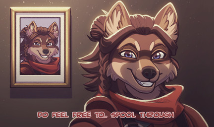 anthro armor black_nose blue_eyes braided_hair brown_body brown_ears brown_fur brown_hair clothed clothed_anthro clothed_male clothing dialogue framed_picture fur grin hair hair_bun inner_ear_fluff leather leather_armor long_hair looking_at_viewer male male_anthro multicolored_body multicolored_fur red_scarf red_text scarf smile snout solo tan_body tan_fur teeth text tuft two_tone_body two_tone_fur white_inner_ear_fluff bluestripedrenulian hot_fuzz mammal procyonid raccoon 2025 english_text hi_res