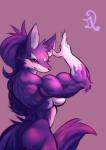 anthro breasts butt female flexing fur hair muscular muscular_anthro muscular_female nude simple_background smile solo standing d.angelo canid canine mammal absurd_res hi_res