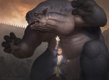 ambiguous_gender blood blue_clothing bodily_fluids bottomwear clothing duo group holding_melee_weapon holding_object holding_sword holding_weapon humanoid_pointy_ears loincloth male melee_weapon not_furry open_mouth pointy_ears size_difference stab surprised sword wall_(structure) weapon john_tedrick hasbro j._r._r._tolkien magic:_the_gathering middle-earth_(tolkien) the_lord_of_the_rings wizards_of_the_coast pippin_took hobbit humanoid troll_(mythology) absurd_res hi_res official_art