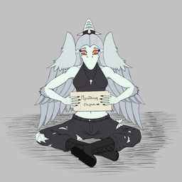 anthro black_boots black_bottomwear black_clothing black_crop_top black_footwear black_pants black_shirt black_topwear blue_body bone_frill boots bottomwear breasts claws clothed clothed_anthro clothed_female clothing collar combat_boots crop_top elbow_feathers feathered_wings feathers female finger_claws fingers footwear frill_(anatomy) front_view grey_background grey_body grey_feathers grey_hair hair holding_object humanoid_hands jewelry long_hair looking_down markings medium_breasts navel necklace nipple_outline non-mammal_navel orange_eyes pants shirt shoes short_tail sign simple_background sitting solo spiked_collar spikes striped_markings stripes tail text topwear torn_bottomwear torn_clothing torn_pants wings lorikani cavemanon_studios goodbye_volcano_high ko_op_(game_developer) snoot_game fang_(gvh) prehistoric_species pterosaur reptile scalie 1:1 colored full-length_portrait hi_res portrait russian_description russian_text shaded translated