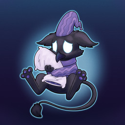 3_toes ambiguous_anthro ambiguous_gender anthro barefoot beak beak_closed big_ears biped black_beak black_body black_fur black_tail black_tail_tuft bottomless bottomless_ambiguous bottomless_anthro cheek_tuft clothed clothed_ambiguous clothed_anthro clothing ears_down empty_eyes facial_tuft featureless_crotch feet fur glowing glowing_eyes glowing_outline hat headgear headwear hindpaw hug hugging_object hugging_pillow mouth_closed narrowed_eyes nightcap outline pajamas pattern_clothing pattern_hat pattern_headgear pattern_headwear pattern_topwear pawpads paws pillow pivoted_ears purple_clothing purple_hat purple_headwear purple_pajamas purple_pawpads purple_topwear sad semi-anthro simple_background sitting solo tail tail_tuft toes topwear tuft white_eyes young young_ambiguous young_anthro trevor-fox deadlock_(game) mythology valve rem_(deadlock) avian chimera dream_creature gryphon mythological_avian mythological_creature 1:1 2026 hi_res