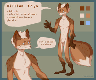4_toes 5_fingers adolescent anthro blind blue_eyes brown_body brown_fur brown_text color_swatch dialogue disability feet fingers fluffy fluffy_tail fur green_background hair male orange_body orange_fur pawpads simple_background solo speech_bubble standing stated_age stated_young tail text toes young damnrat william_the_blind_fox canid canine fox mammal 2020 absurd_res artist_name cel_shading digital_drawing_(artwork) digital_media_(artwork) english_text hi_res model_sheet shaded smaller_version_at_source