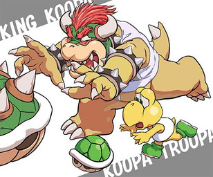 2_horns bottomless bracelet clothed clothing duo eyebrows footwear green_clothing green_footwear green_shoes hair horn jewelry male red_eyebrows red_hair shell shell-less shirt shoes spiked_bracelet spiked_shell spikes spikes_(anatomy) thick_eyebrows topwear white_clothing white_shirt white_topwear masabowser mario_bros nintendo bowser dragon_koopa koopa koopa_troopa scalie 2015 colored low_res