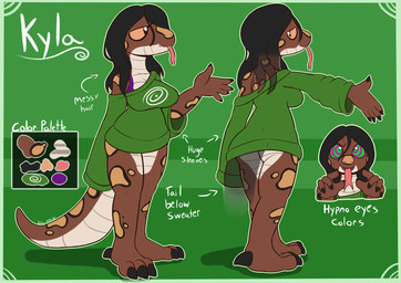 3_toes 5_fingers anthro big_breasts black_body black_claws black_eyes black_hair black_scales border bottomless bra breasts brown_body brown_scales claws clothed clothing fangs feet female finger_claws fingers forked_tongue front_view green_background green_border green_clothing green_eyes green_sweater green_topwear grin hair heart_(marking) heel_claw long_hair long_sleeves long_tail looking_ahead looking_at_viewer looking_back markings multiple_angles non-mammal_breasts open_mouth orange_body orange_scales orange_spots pattern_background purple_bra purple_clothing purple_eyes purple_underwear raised_arm rear_view scales simple_background smile solo spiral spiral_eyes spots spotted_body spotted_scales striped_background sweater tail teeth text toe_claws toes tongue topwear underwear white_body white_scales felino kyla_(justthing_the_k) reptile scalie snake 2018 absurd_res english_text hi_res model_sheet