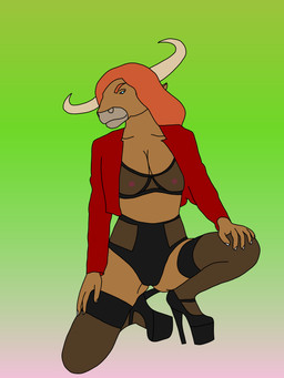 black_clothing black_underwear clothing female footwear hair high_heels legwear lingerie orange_hair ruby_(furrykara) shoes solo thigh_highs underwear furrykara european_mythology greek_mythology mythology bovid bovine mammal minotaur 3:4 absurd_res hi_res