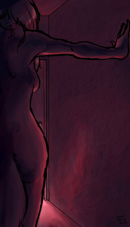 anthro back_boob breasts butt dark doorway female fluffy fluffy_tail fur hair humanoid_hands inside light long_hair nude solo tail wide_hips hanazawa canid canine mammal signature
