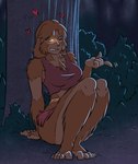 anthro barefoot big_breasts breasts brown_body brown_fur clothing crop_top feet female fingers fur glowing glowing_eyes grin heart_symbol hearts_around_head night one_eye_closed outside pink_clothing pink_crop_top pink_shirt pink_topwear plant shirt shrub sitting smile solo thick_thighs toes topwear torn_clothing torn_crop_top tree wide_hips wink yellow_eyes torvo_sheza mythology canid canine mammal mythological_canine mythological_creature werecanid werecanine werecreature werewolf full-length_portrait portrait