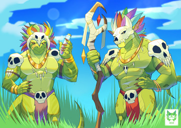 abs anthro bone bone_mask bone_necklace bottomwear bracelet clothing cloud cloudy_sky day duo feathered_headdress grass green_body green_scales hand_on_side holding_object holding_staff holding_vial jewelry leather leather_strap logo loincloth looking_at_viewer male mask muscular muscular_male navel necklace outside pecs plant scales skull skull_accessory skull_helmet skull_mask sky staff standing straps tail tall_grass tribal vial citsy_404 terraria shimmered_witch_doctor witch_doctor_(terraria) lihzahrd scalie 2026 absurd_res artist_logo digital_media_(artwork) hi_res