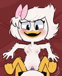 anthro blush duo female female/female genitals nipples pink_bow pussy strapon vaginal white_body young catboyjail disney ducktales ducktales_(2017) lena_(ducktales) webby_vanderquack anatid anseriform avian bird duck hi_res