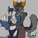 anthro black_nose blonde_hair blue_body blue_fur blue_hair brown_hair calm dipstick_tail duo ectomorph fluffy fluffy_ears fluffy_tail fur grey_body grey_fur grey_tail hair hug hugging_another hugging_from_behind love male male/male markings neck_tuft orange_hair simple_background size_difference slim smaller_male smile standing tail tail_markings tuft white_body white_chest_hair white_face white_fur white_tail_tip yellow_eyes nemejchyk_(artist) jaycemutt nemejchyk canid canine canis domestic_cat felid feline felis fox hybrid mammal wolf 1:1