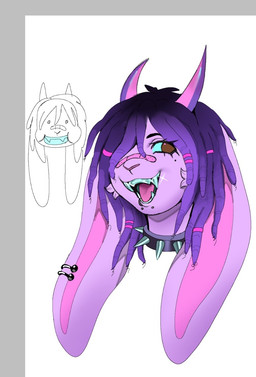 2_horns accessory ambiguous_gender anthro band-aid band-aid_on_face band-aid_on_nose bandage bandage_on_face bandage_on_nose blue_sclera blue_teeth brown_eyes cheek_tuft collar dreadlock_cuffs dreadlocks ear_piercing eyelashes facial_piercing facial_tuft fangs floppy_ears fur glistening glistening_teeth hair hair_accessory helix_piercing highlights_(coloring) horn lip_piercing lip_ring long_ears makeup mascara medium_hair metallic_teeth mole_under_eye open_mouth open_smile piercing pink_horn purple_body purple_fur purple_hair purple_highlights rabbit_ears ring_piercing simple_background smile solo spiked_collar spikes teeth three-quarter_view tuft white_background y_nose wolfertinger salem_(wolfertinger) demon lagomorph leporid mammal rabbit 2025 headshot_portrait hi_res portrait shaded soft_shading trans_(lore) trans_man_(lore)