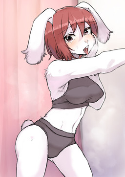 after_transformation anthro bodily_fluids bra clothed clothing crying curtains drooling female fluffy hair hand_on_face kemono looking_at_viewer navel open_mouth panties pink_eyes red_hair saliva scut_tail short_tail solo sports_bra standing sweat tail tears tongue tongue_out underwear toribako lagomorph leporid mammal rabbit hi_res