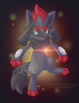 3_fingers 3_toes ambiguous_gender anthro black_body black_fur feet fingers fur fusion green_eyes pokemon_fusion semi-anthro solo teal_eyes text toes seoxys6 fakemon nintendo pokemon canid canine generation_4_pokemon generation_5_pokemon hybrid mammal pokemon_(species) riolu zorua 2015 absurd_res digital_media_(artwork) hi_res url watermark