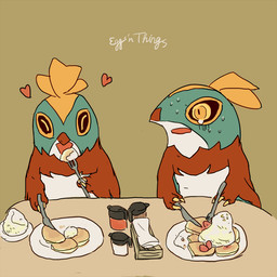 ambiguous_gender anthro bodily_fluids cutlery duo eating eyes_closed food fork heart_symbol kitchen_utensils nude open_mouth pancake tears text tools yellow_eyes unagiga nintendo pokemon accipitrid accipitriform avian bird generation_6_pokemon hawlucha pokemon_(species) 1:1 english_text