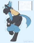 ambiguous_gender anthro biped bottomwear bottomwear_down breath butt clothing pants simple_background solo standing tail three-quarter_view undressing shieshuqqq nintendo pokemon generation_4_pokemon lucario pokemon_(species) artist_name digital_drawing_(artwork) digital_media_(artwork) hi_res signature