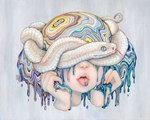 albino ambiguous_gender blue_eyes dripping duo feral forked_tongue lips liquid_hair pale_skin pseudo_hair scales teeth tongue tongue_out white_body white_scales camilla_d'errico human mammal reptile scalie snake hi_res painting_(artwork) traditional_painting_(artwork)