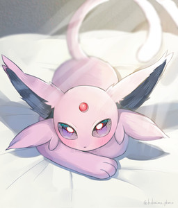 ambiguous_gender bed feral forehead_gem forked_tail fur furniture gem looking_at_viewer on_bed purple_body purple_ears purple_eyes purple_fur purple_tail red_gem solo tail unusual_anatomy unusual_tail hokaimo_pkmn nintendo pokemon eeveelution espeon generation_2_pokemon pokemon_(species) hi_res