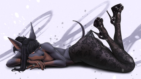 accessory anthro bracelet clothing domerman fishnet_clothing fishnet_legwear footwear hair high_heels jewelry legwear long_hair male orange_eyes ring shoes solo tights vaspi kiku canid canine canis dobermann domestic_dog mammal pinscher absurd_res hi_res