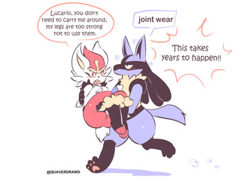 anthro black_body black_fur blue_body blue_fur blush blush_lines blush_stickers bridal_carry carrying_another carrying_partner chest_spike dialogue dreadlocks duo female fur half-closed_eyes male male/female narrowed_eyes pawpads red_body red_fur running simple_background speech_bubble spikes spikes_(anatomy) text white_background white_body white_fur quavernsfw nintendo pokemon cinderace elemental_creature generation_4_pokemon generation_8_pokemon lucario pokemon_(species) 2026 english_text hi_res