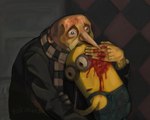 blood bodily_fluids clothed clothing crying dark dark_humor detailed_background duo eyewear goggles gore inside long_nose male parody scarf tears what yellow_body ilya_repin quikmaaz despicable_me illumination_entertainment ivan_the_terrible_and_his_son_ivan felonius_gru kevin_(despicable_me) human mammal minion_(despicable_me) 2022 inspired_by_formal_art meme signature