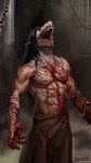 angry anthro blood blood_on_chest bodily_fluids cage chain covered_in_blood hair long_hair madness male melee_weapon screaming shirtless solo spikes tattoo teeth tongue weapon white_eyes techiesxc fear_and_hunger crow_mauler fish human hybrid mammal marine shark absurd_res digital_media_(artwork) hi_res