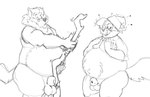 anthro balls belly big_belly clothing duo eyewear facial_hair genitals glasses hat headgear headwear magic male male/male mature_male moobs mustache overweight overweight_male penis simple_background bravo mythology canid canine canis mammal mythological_canine mythological_creature werecanid werecanine werecreature werewolf wolf 2022 monochrome sketch