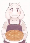 anthro apron clothing dessert female food front_view fur happy looking_at_viewer pastry pie simple_background smile solo sweater topwear white_background white_body white_fur chibimu undertale undertale_(series) toriel boss_monster_(undertale) bovid caprine mammal