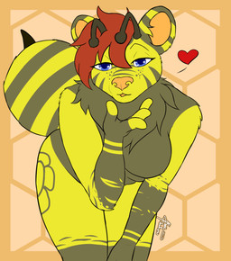 blowing_kiss blue_eyes female freckles hair kissing pattern_background red_hair simple_background slightly_chubby slightly_chubby_female solo kvnpoulsen arthropod bee hymenopteran insect 2021 absurd_res hi_res