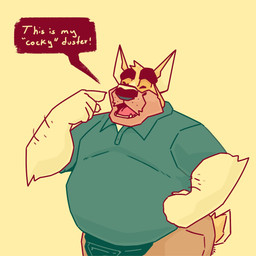 anthro blue_clothing blue_shirt blue_t-shirt blue_topwear bottomwear brown_bottomwear brown_clothing brown_pants clothed clothing eyes_closed front_view fur hand_on_hip head_tuft male male_anthro obese obese_anthro obese_male open_mouth overweight overweight_anthro overweight_male pants shirt simple_background solo speech_bubble standing t-shirt text topwear tuft yellow_body yellow_fur chocolateandmilk richard_(chocolateandmilk) canid canine canis domestic_dog mammal 1:1 2022 dated english_text half-length_portrait hi_res portrait signature